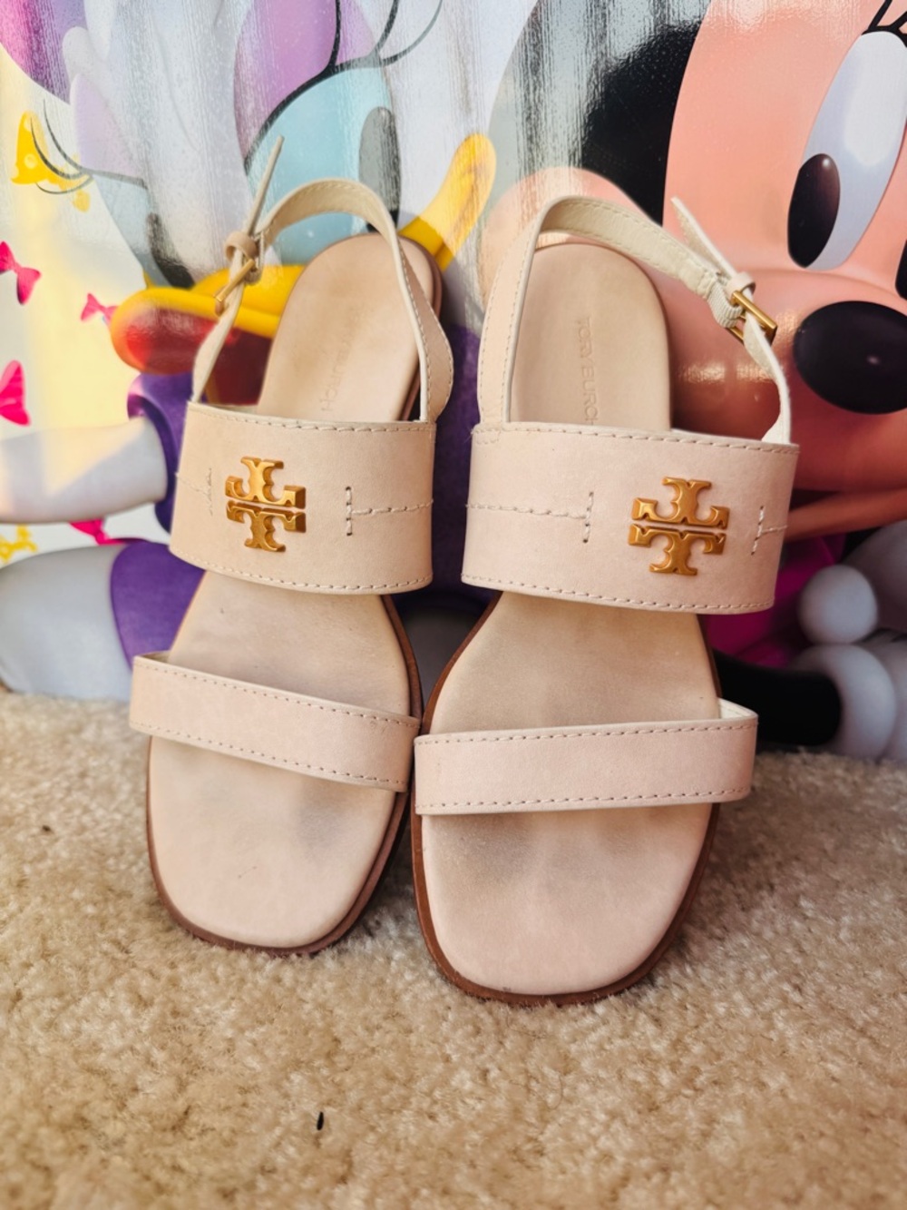 Tory Burch Blush Leather Double-Strap Sandals with Gold Logo - Picture 3 of 3